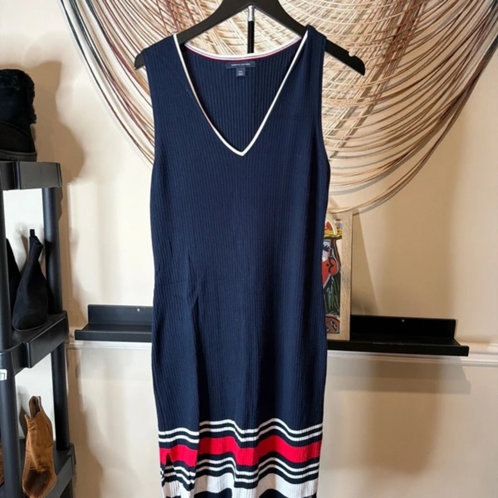 Tommy Hilfiger Navy Sleeveless Midi Dress with Red & White Stripe Hem
